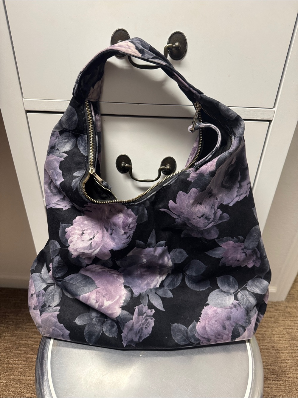 Floral Shoulder Hobo Bag in Black and Lavender